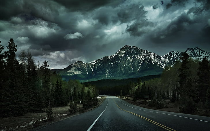 Canada, clouds, Dark, forest, Hill, landscape, lines, mountain, HD wallpaper