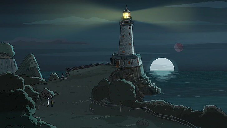 gray lighthouse near body of water illustration, Rick and Morty