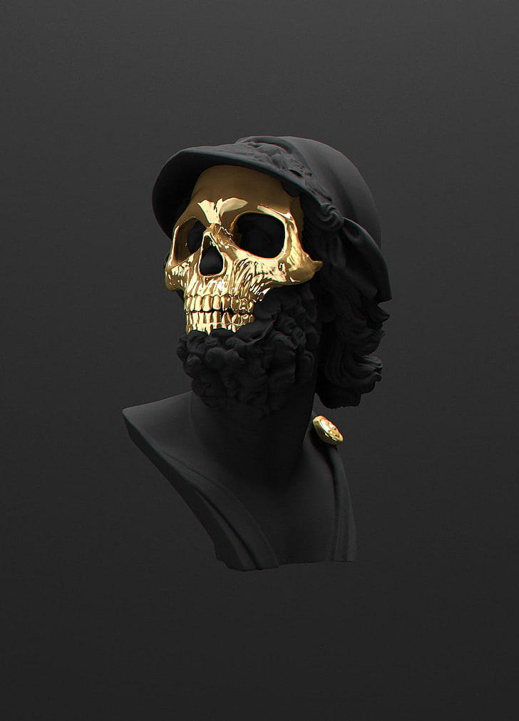 gold skeleton mask, minimalism, black, skull, death, portrait display
