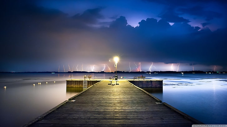 brown wooden ocean dock, landscape, pier, lightning, clouds, Ontario, HD wallpaper