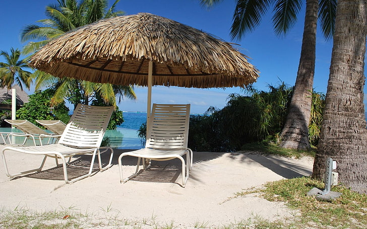 two white lounge chairs, canopy, chaise lounge, tropics, palm trees