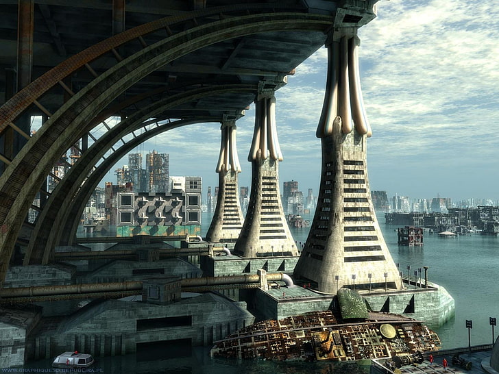 harbor, science fiction, CGI, architecture, built structure
