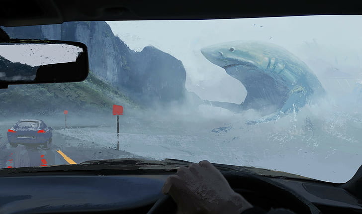 artwork painting shark animals car road sea car interior megalodon fantasy art digital art, HD wallpaper