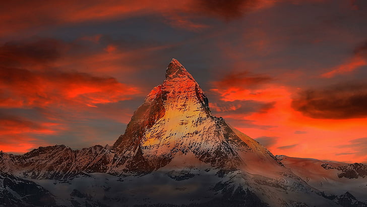 sky, peak, snow, switzerland, matterhorn, alps, alpine, pennine alps, HD wallpaper