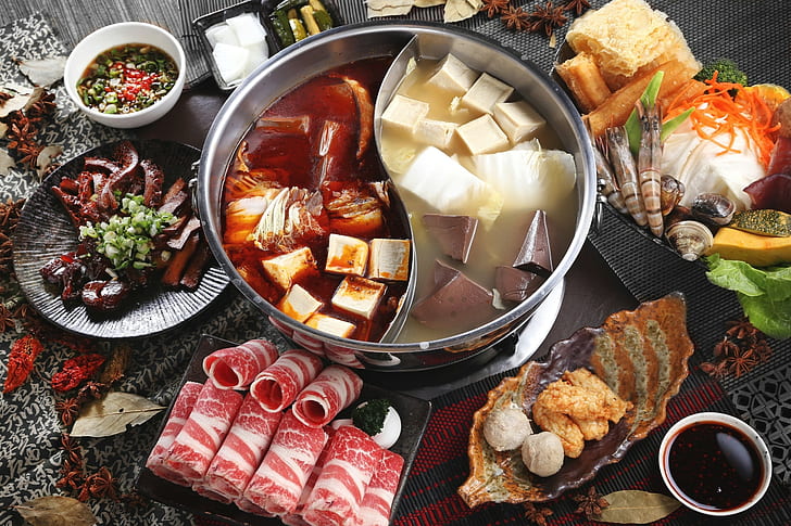 gray steel pot, food, Hot Pot, beef roll, food and drink, freshness, HD wallpaper