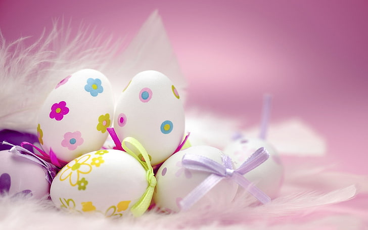 Holiday Feathers Easter Eggs, six white-and-multicolored Easter eggs, HD wallpaper