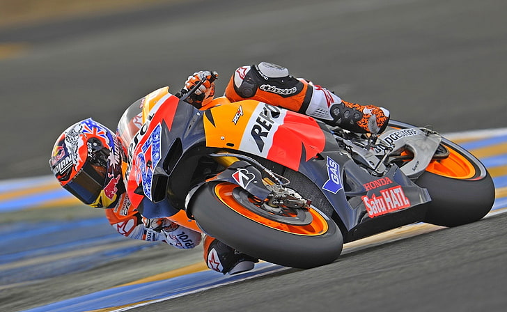 Casey Stoner Honda Team, orange and black sport motorcycle, Motorcycles, HD wallpaper
