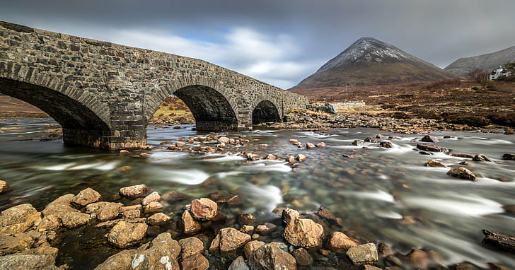 landscape photography on bridge on river, sligachan, skye, scotland, united kingdom, sligachan, skye, scotland, united kingdom, HD wallpaper