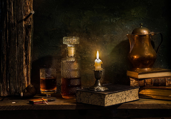 clear glass decanter painting, wine, books, candle, Single malt, HD wallpaper