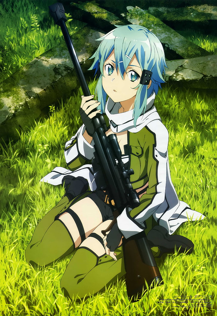 blue-haired girl holding rifle illustration, Sinon (Sword Art Online)