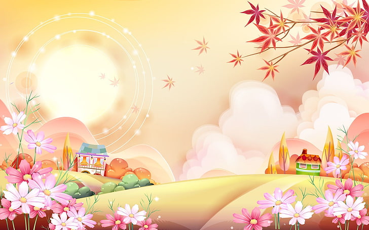 illustration of house on hills with flowers, fantasy art, colorful