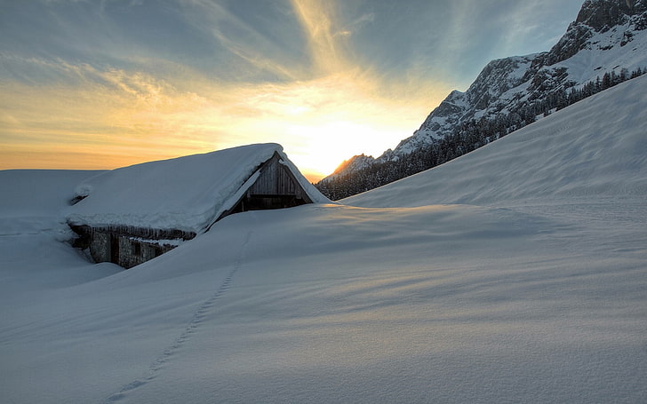 nature, sunset, mountains, snow, cabin, barns, winter, cold temperature, HD wallpaper