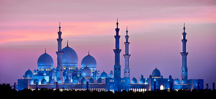 Abu Dhabi, sky, 4K, sunset, Sheikh Zayed Mosque, HD wallpaper