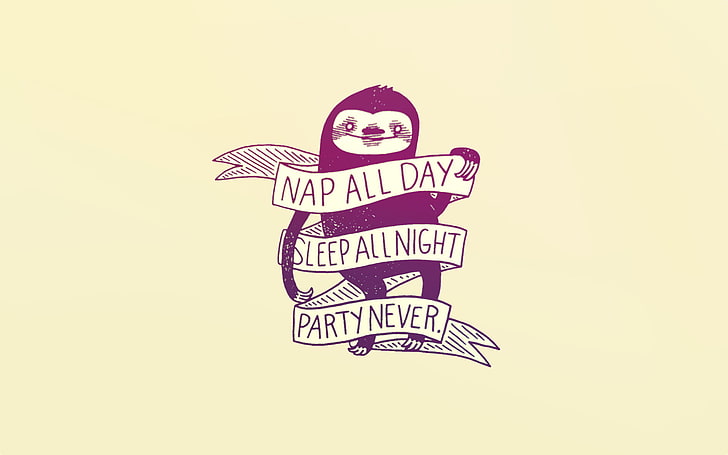 Nap All Day quote signage, sloths, artwork, simple background