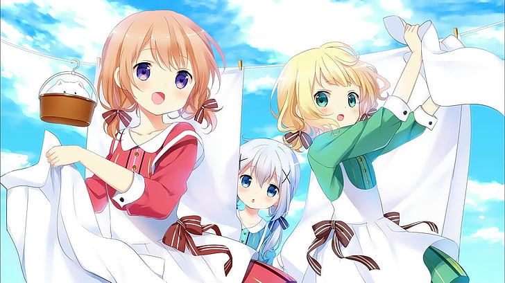 three girl holding white cloth anime wallpaper, Gochuumon wa Usagi Desu ka?