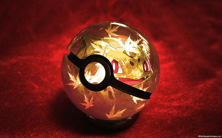 yellow pokeball, Pokémon, Bulbasaur, sphere, close-up, illuminated, HD wallpaper