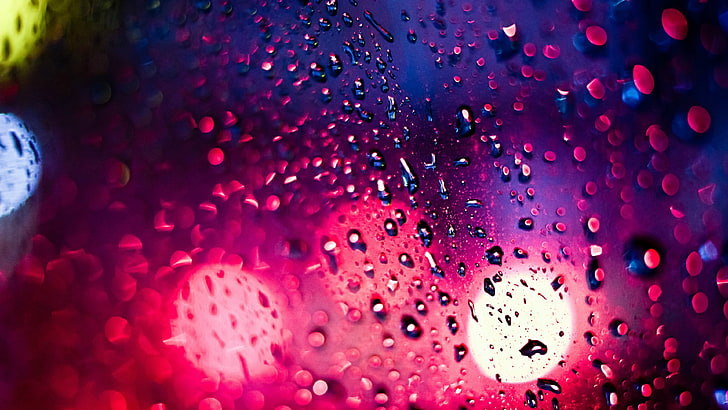 red bokeh light, macro shot of water droplets, water drops, glass HD wallpaper