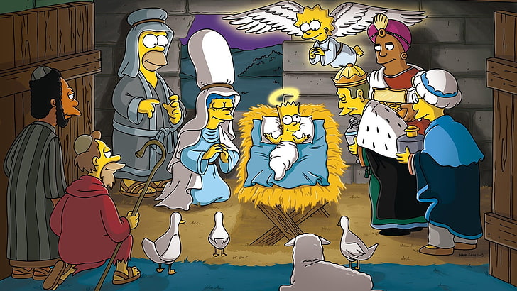 The Simpsons Nativity Scene poster, Christmas, Homer Simpson, HD wallpaper