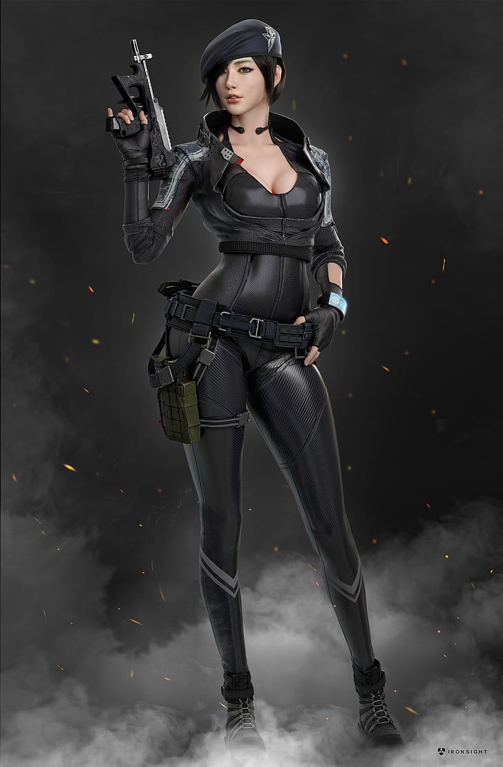 3d iron sight weapon gun girls with guns tight clothing render zbrush pp 2000, HD wallpaper
