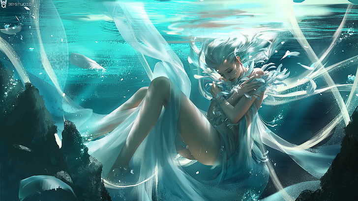 fantasy art, underwater, sea, swimming, women, real people