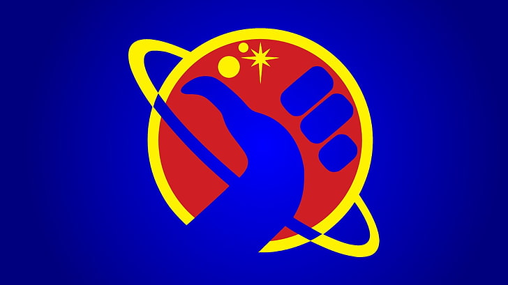 red, yellow, and blue hand and planet logo, The Hitchhiker's Guide to the Galaxy, HD wallpaper