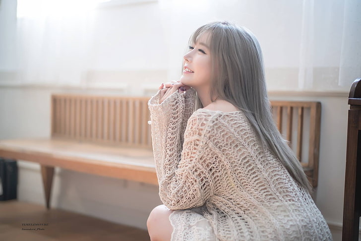 smiling, long hair, loose clothing, Han Ga Eun, model, Asian, HD wallpaper