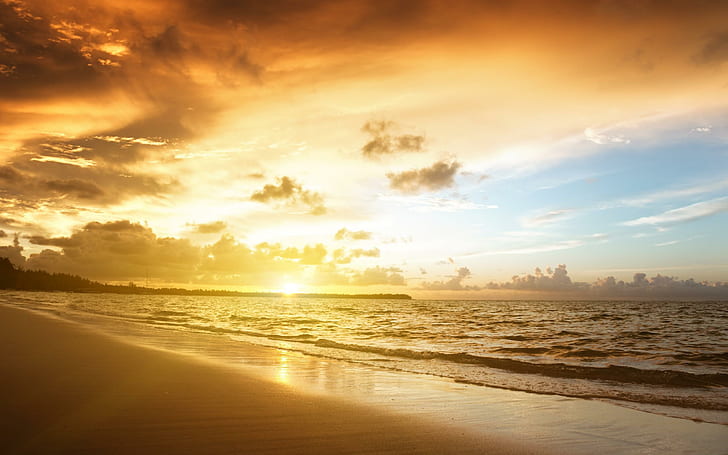 Nature Landscape Sky Sand Sea Beach Sunset Wide, golden hour, HD wallpaper