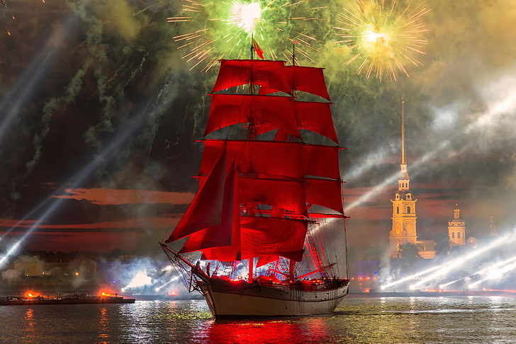 red and white galleon ship, sunset, salute, Saint Petersburg