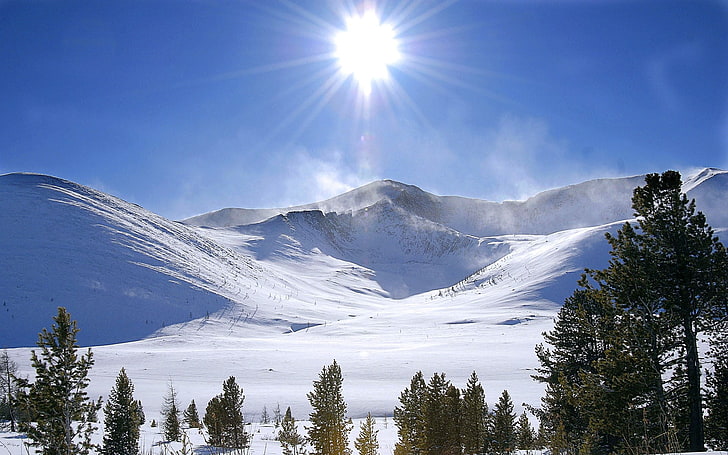 snow mountains, landscape, winter, sun rays, windy, sky, cold temperature