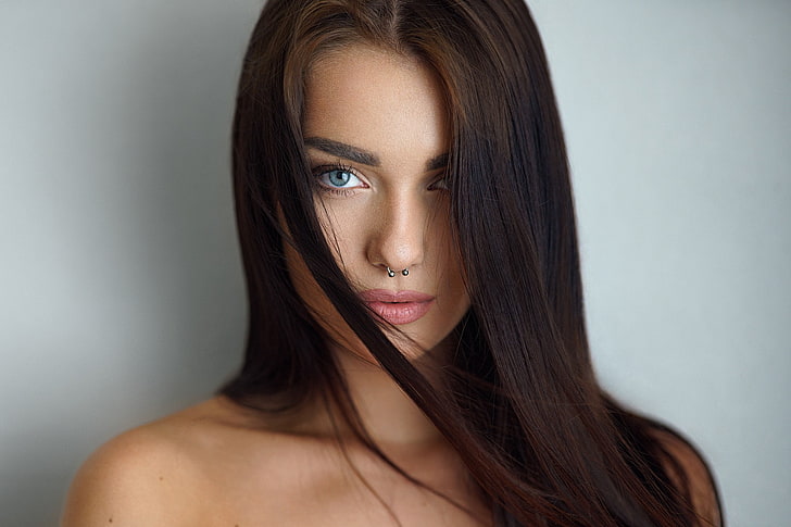 women, pierced nose, blue eyes, bare shoulders, face, simple background