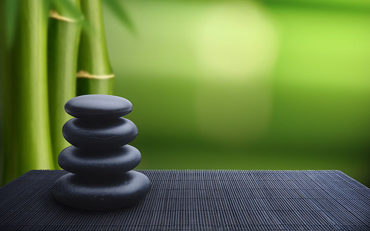 four round black stones, green, bamboo, zen, balance, nature