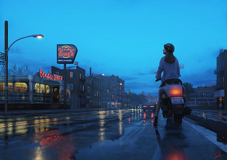white motor scooter, man ridingmotorcycle digital wallpaper, city