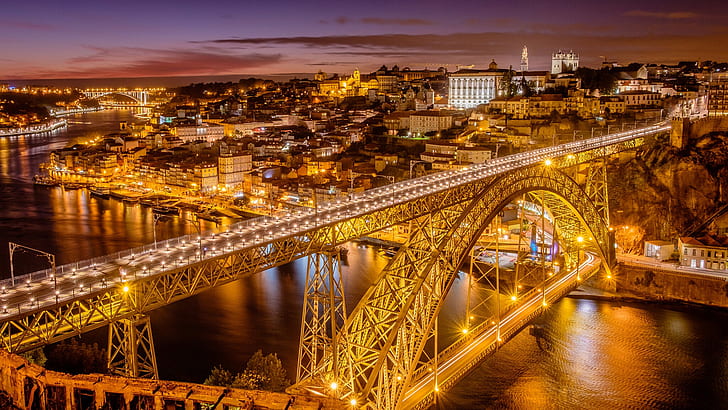 bridge, river, panorama, Portugal, night city, Vila Nova de Gaia, HD wallpaper