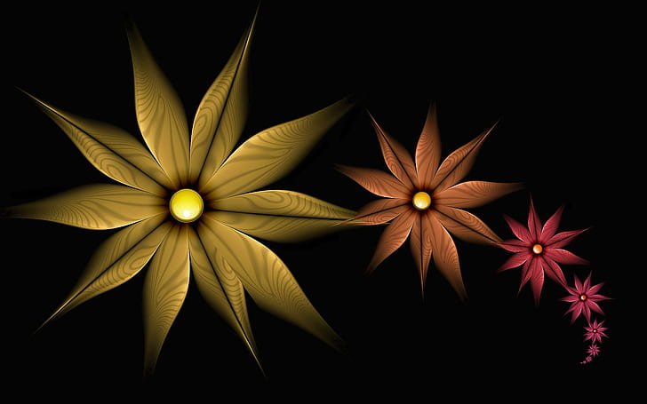 Simple Multicolored Flowers, orange, fractal, black, gold, brown