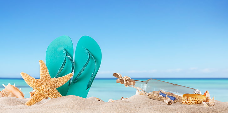 pair of teal rubber flip-flops, sand, sea, beach, summer, the sun, HD wallpaper