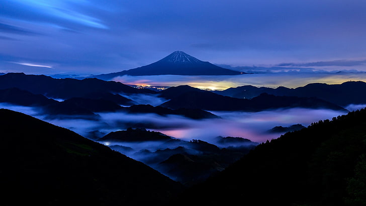 white fog, nature, landscape, mountains, Mount Fuji, Japan, evening