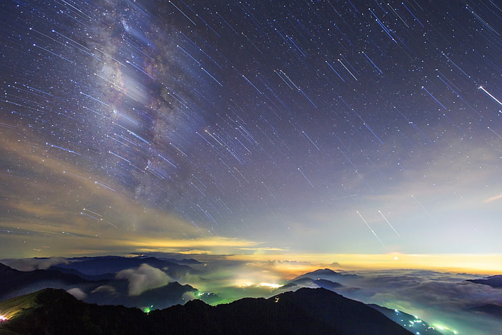 meteor shower, the sky, stars, clouds, mountains, night, hills