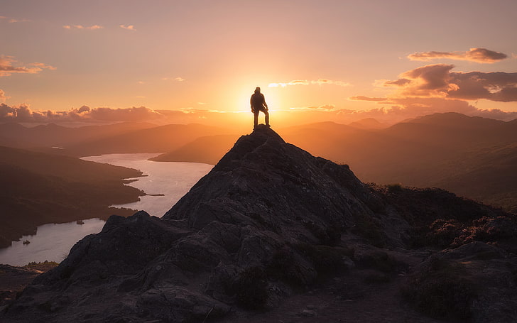 silhouette of person on rock formation, mountain, man, peak, conquest