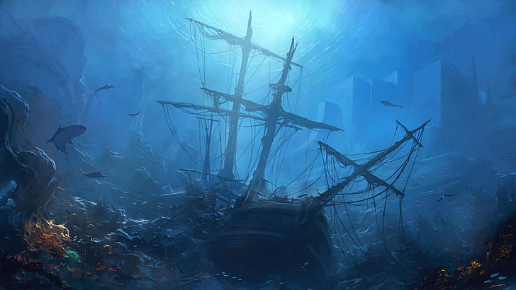 Fantasy, Ship, Shark, Underwater, Wreck, HD wallpaper