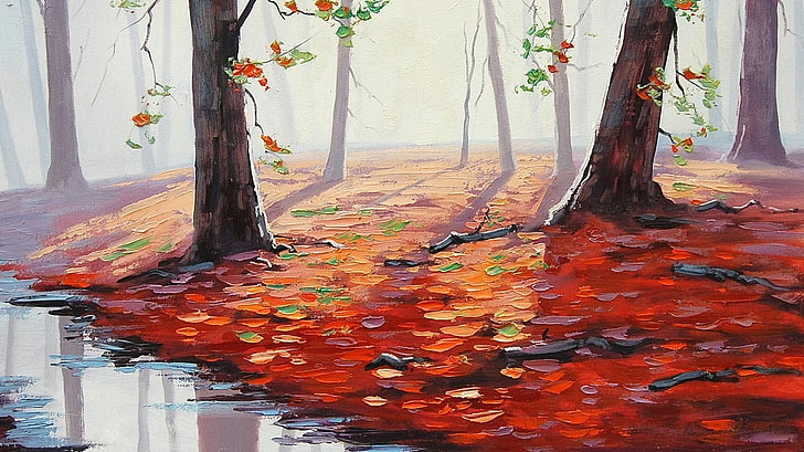 trees near river painting, Graham Gercken, fall, puddle, leaves, HD wallpaper
