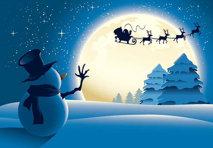 snowman wallpaper, stars, trees, new year, Merry Christmas, full moon