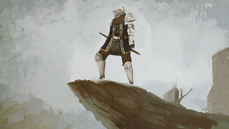 armored man on a cliff illustration, Dark Souls II, artwork, fantasy art, HD wallpaper