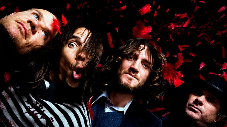 Red Hot Chili Peppers HD, men's black and gray striped shirt; men's black suit, white collared shirt, and blue vest