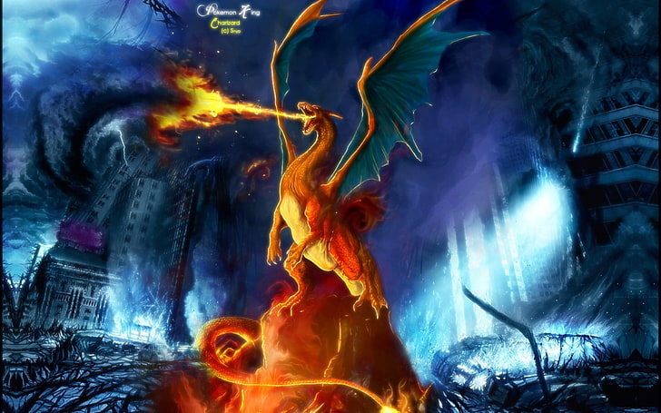 orange dragon illustration, Pokémon, Charizard, video games