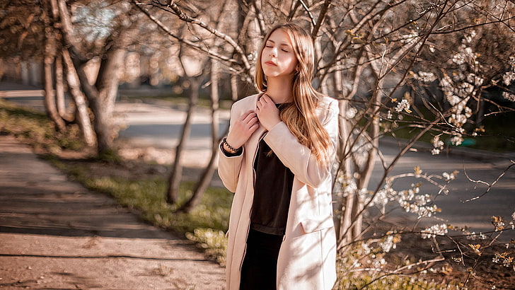 Nastya, model, women outdoors, closed eyes, white coat, brunette