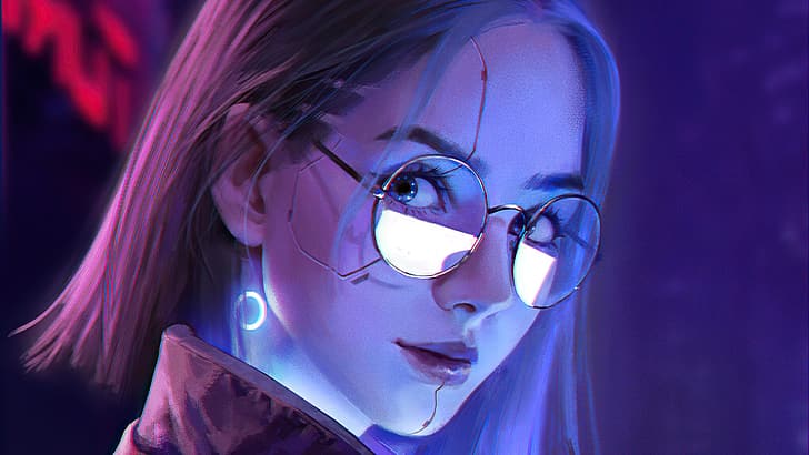 artwork, glasses, glowing, cyberpunk, Cyberpunk 2077, looking at viewer