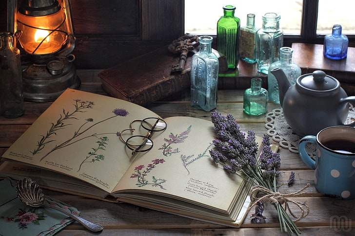 brown framed eyeglasses on book, flowers, lamp, drawings, bottle
