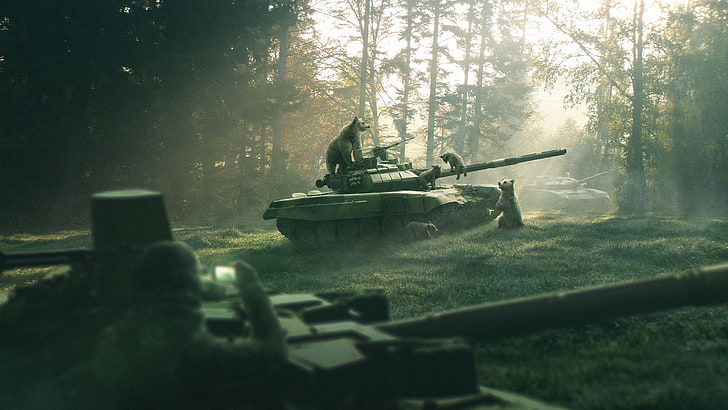 green battle tank, bears, baby animals, wood, sun rays, weapon