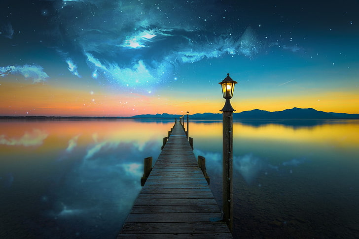 brown wooden dock, nebula, space, lake, evening, photo manipulation, HD wallpaper
