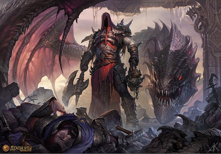 dragon and warrior illustration, axes, fantasy art, representation, HD wallpaper